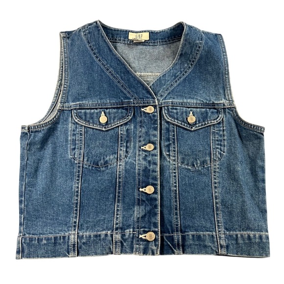 GAP Jackets & Blazers - Gap Vintage Denim Vest Womens Large Cotton Medium Wash Blue Button Up V-Neck Y2K